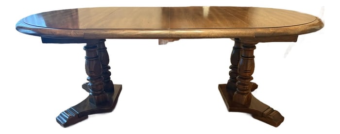 1970s Solid Oak Pedestal Dining Table With Two Leaves – Extends to 84" - Nashville