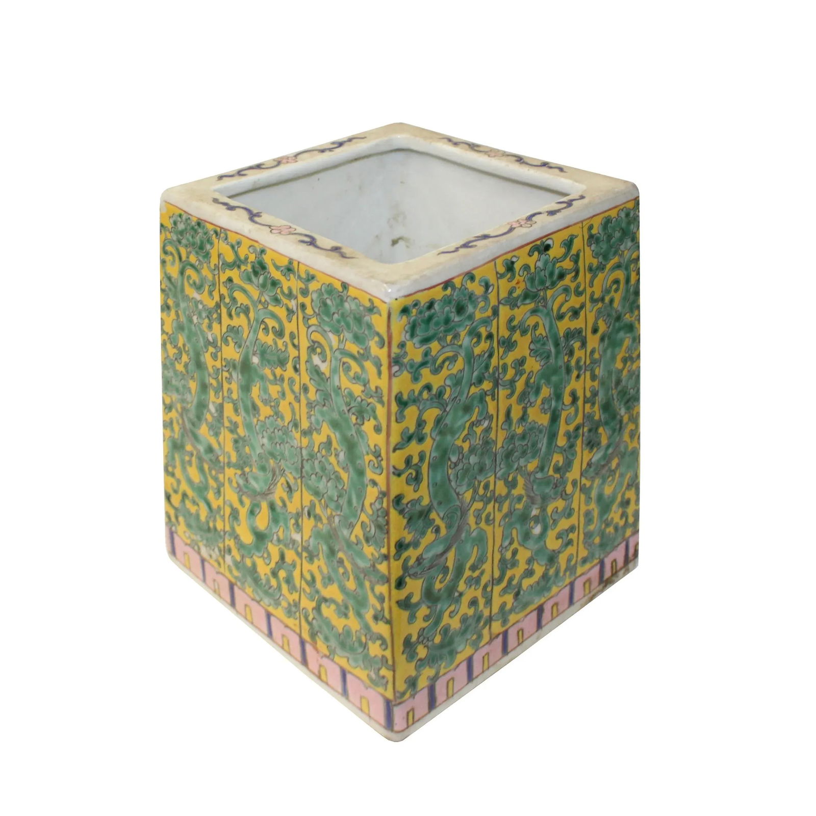 Chinese Distressed Porcelain Green Ancient Dragons Motif Square Pot - 2