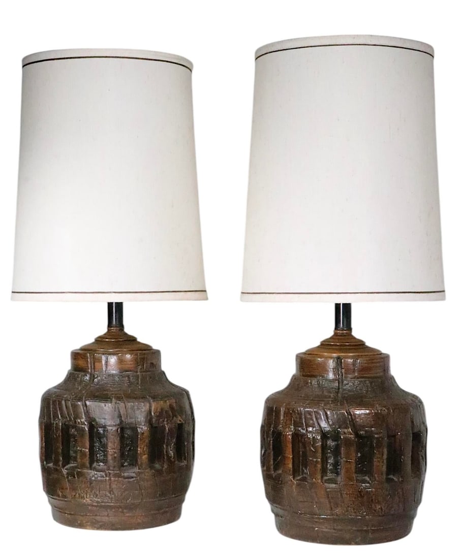 Pr. Rustic Brutalist School Wagon Wheel Table Lamps Circa 1970's - 11