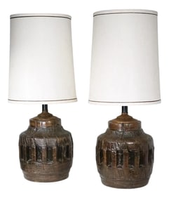 Pr. Rustic Brutalist School Wagon Wheel Table Lamps Circa 1970's