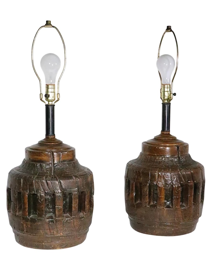 Pr. Rustic Brutalist School Wagon Wheel Table Lamps Circa 1970's - 4