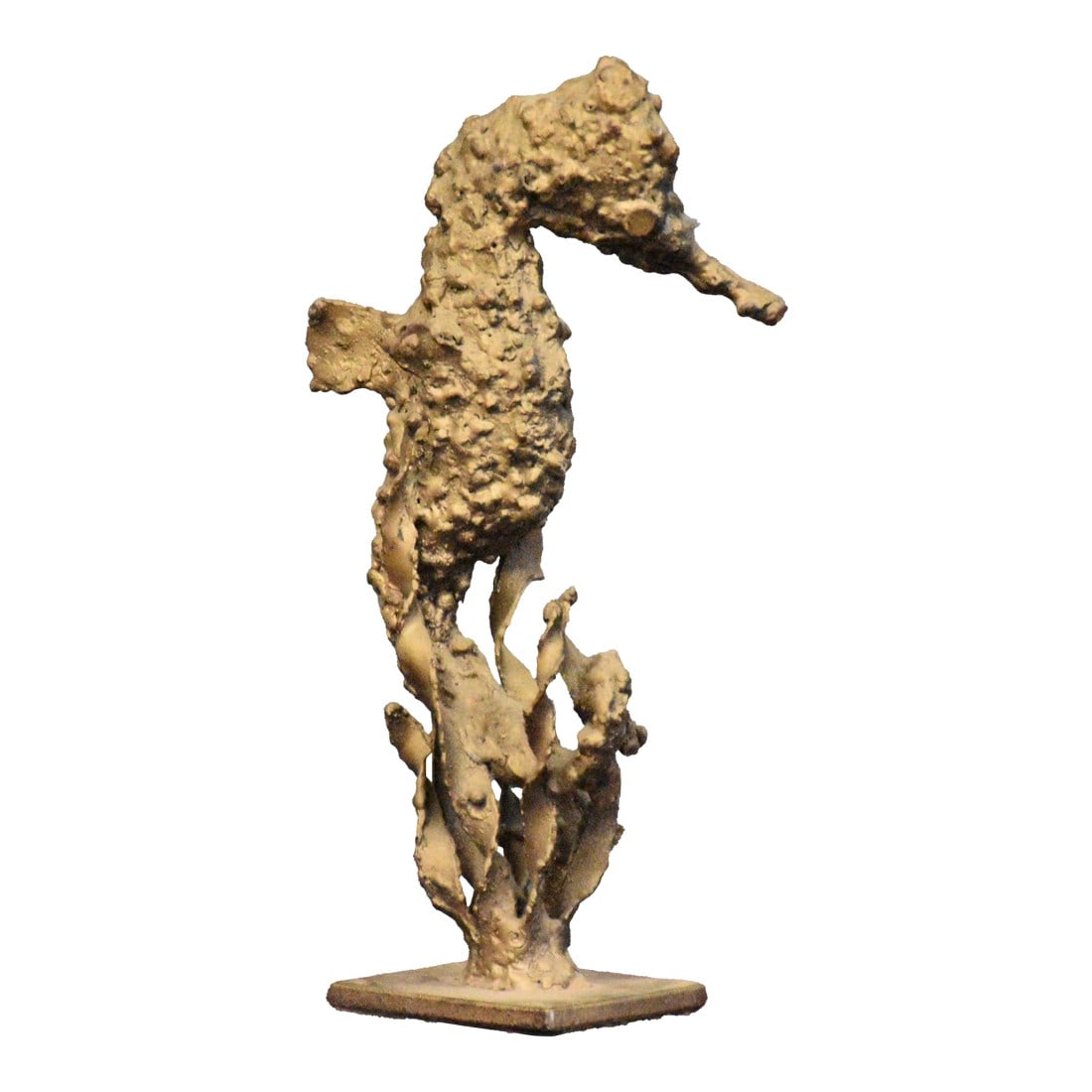 1970s Bronze Seahorse Sculpture by Bucha: An abstract modern gold colored bronze sculpture of a seahorse. Circa 1970's. Excellent condition. 2" wide. 2.5" deep. 8" tall. Condition: Alterations: Restored Imperfections: Some Imperfections