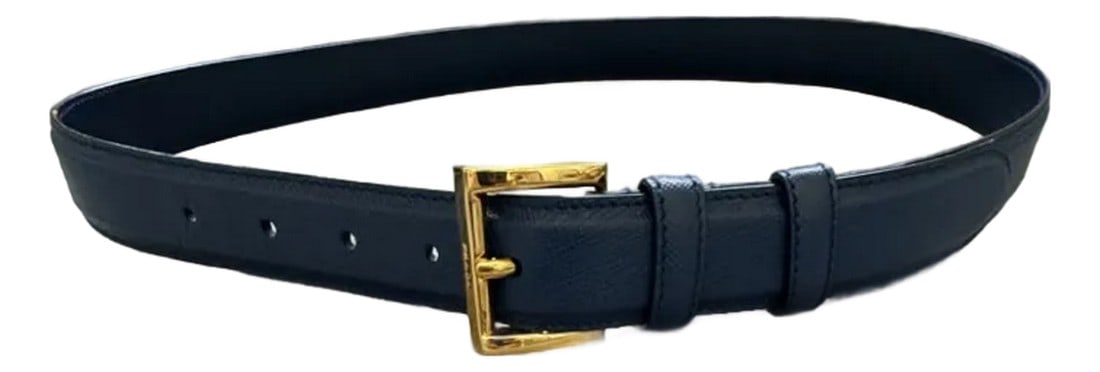 Prada Blue Saffiano Leather Belt With Gold Buckle "” New / Pristine (85 Cm / 34"): Prada Blue Saffiano Leather Belt with Gold Buckle "” New / Pristine (85 cm / 34") A pristine, gift-worthy Prada belt in blue Saffiano leather with polished gold-tone buckle. This belt is in