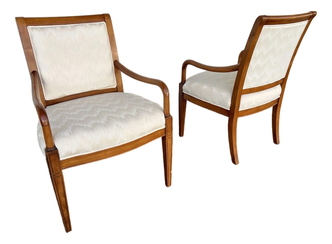 20th Century Sam Moore Fauteuil Arm Chairs -Pair of 2: High Quality vintage Solid Wood Frame Chairs will give a classic sophistication to your room decor. Features carved rounded arms, straight angular backs and slight sabre style legs. Beautifully uphols