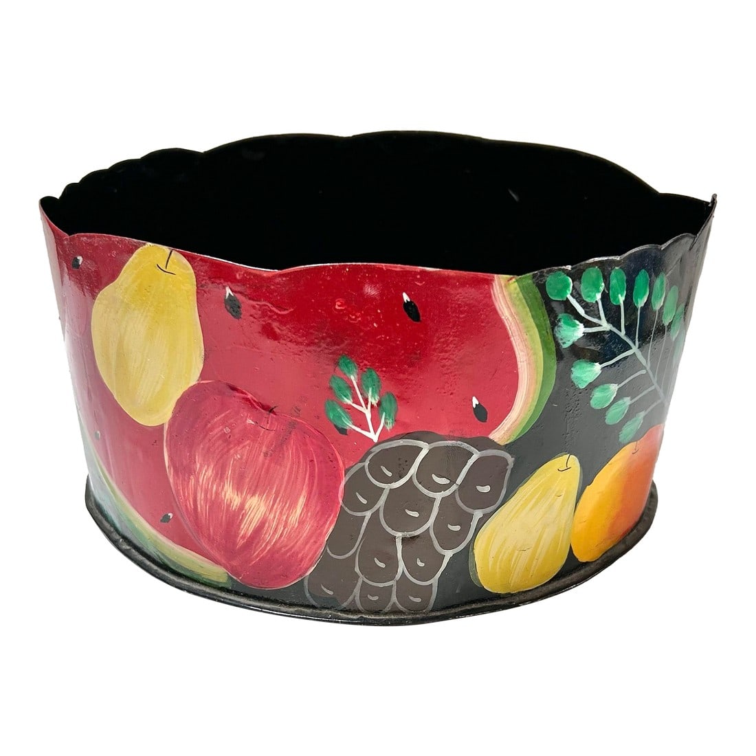 Vintage Metal Toleware Planter Cachepot - Hand-Painted Fruit Motif Circa 1960s: This charming painted metal cachepot presents a vivid mid-century folk-art aesthetic, featuring bold fruit motifs – apples, pears and stylized foliage and hand-applied to toleware (thin sheet