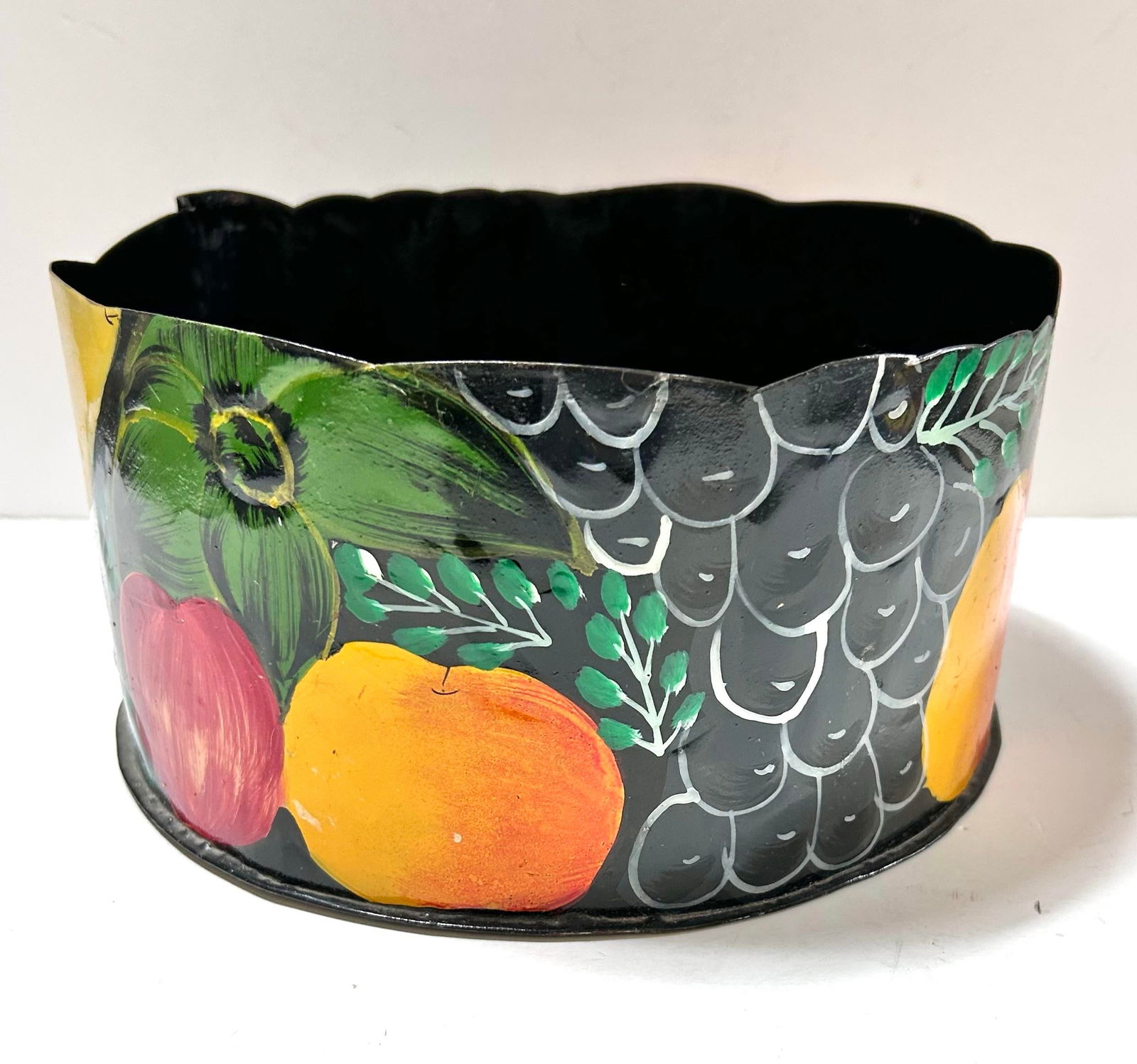 Vintage Metal Toleware Planter Cachepot - Hand-Painted Fruit Motif Circa 1960s - 4