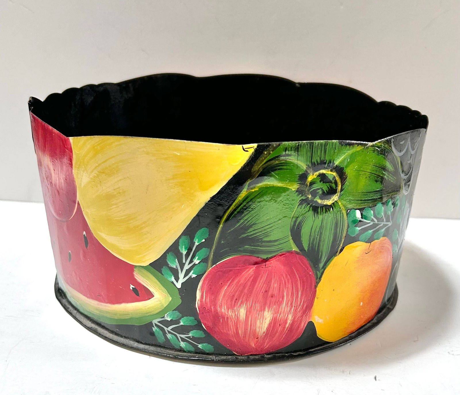 Vintage Metal Toleware Planter Cachepot - Hand-Painted Fruit Motif Circa 1960s - 5