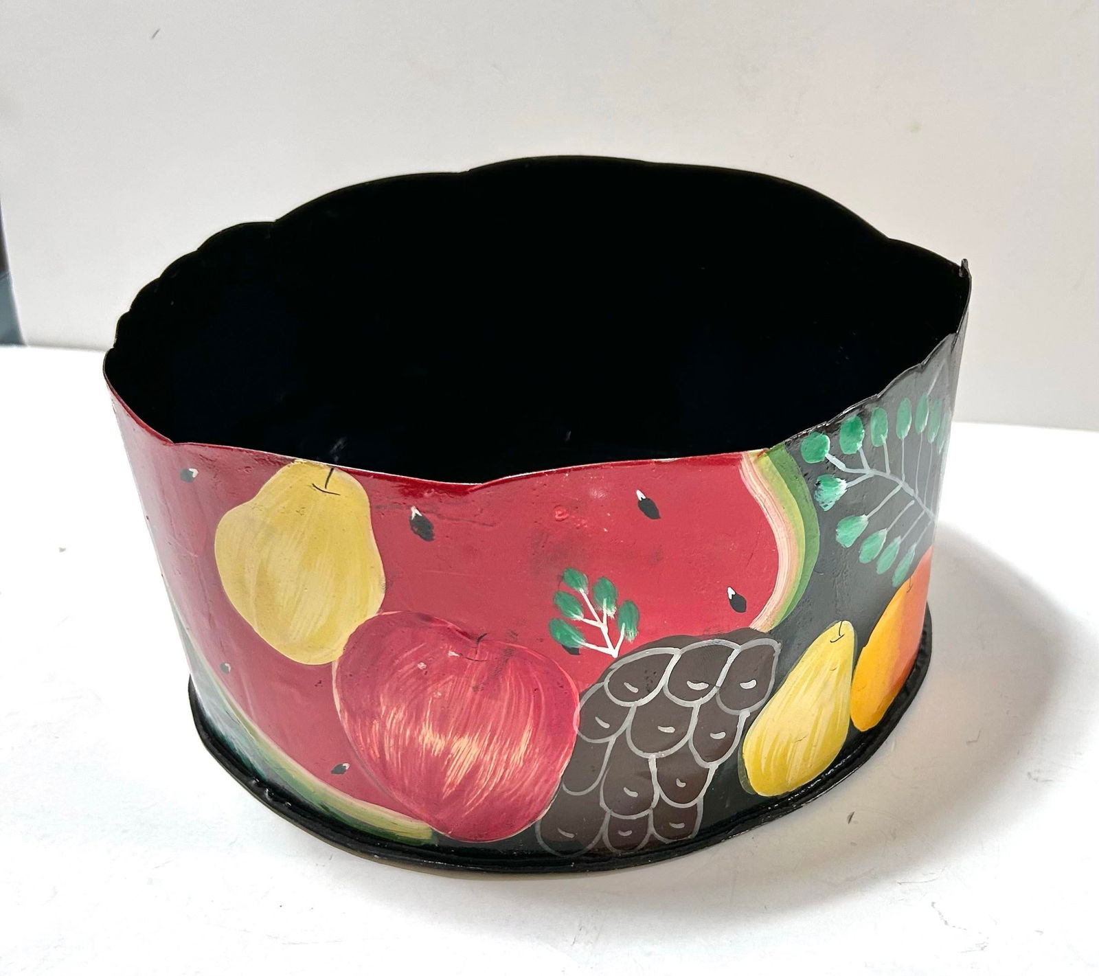 Vintage Metal Toleware Planter Cachepot - Hand-Painted Fruit Motif Circa 1960s - 8