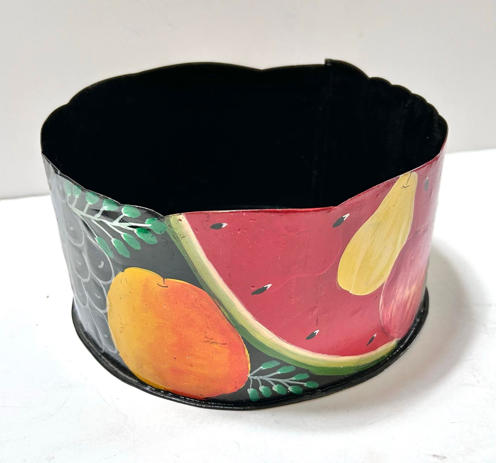 Vintage Metal Toleware Planter Cachepot - Hand-Painted Fruit Motif Circa 1960s - 9