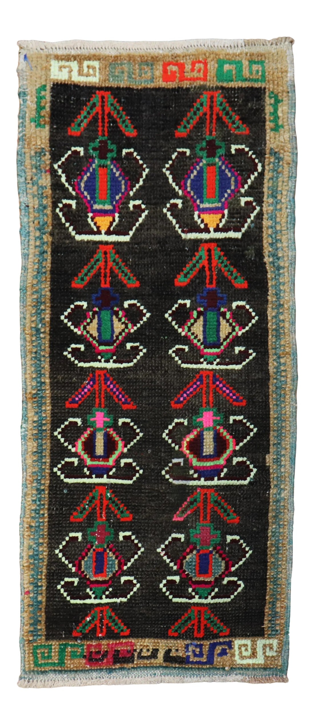 Tribal Mini Turkish Mat Rug, 1'3''x 2'9'': A late 20th century mini size turkish rug with a tribal motif. This piece is a true vintage, one of a kind rug that has been Professionally Cleaned and restored . it is able to endure heavy traffic