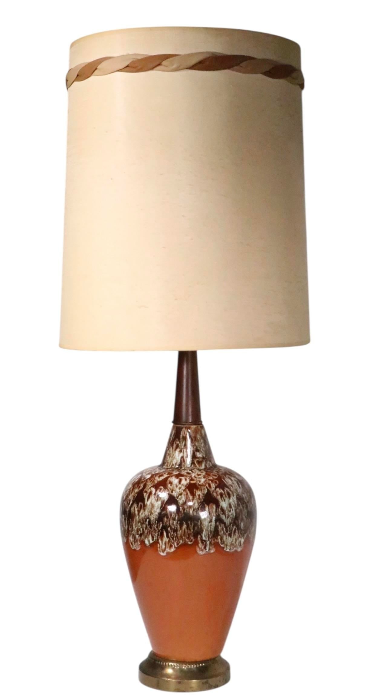 Mid 20th Century Mid Century Ceramic Drip Glaze Table Lamp With Original Shade - 2