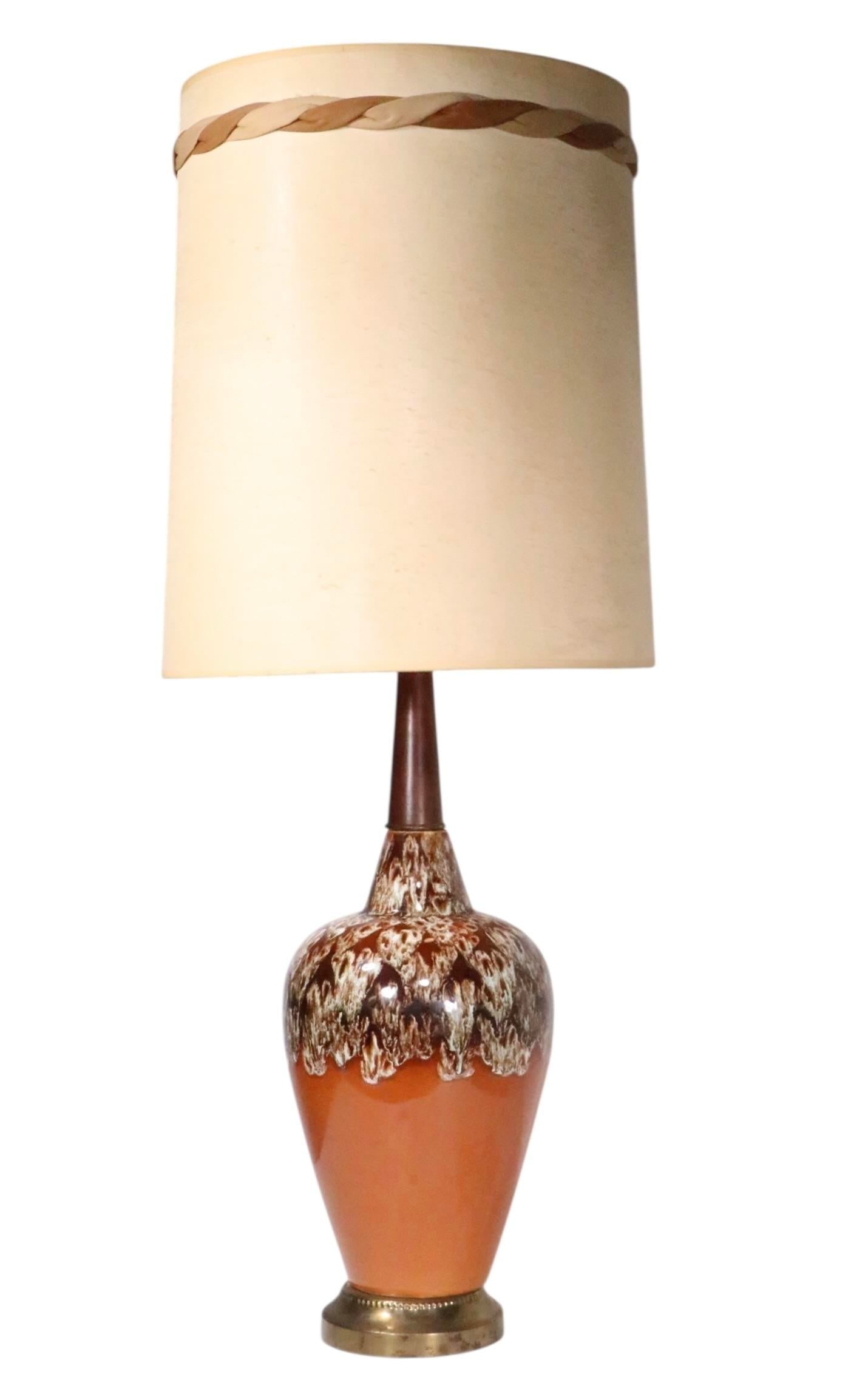 Mid 20th Century Mid Century Ceramic Drip Glaze Table Lamp With Original Shade - 4