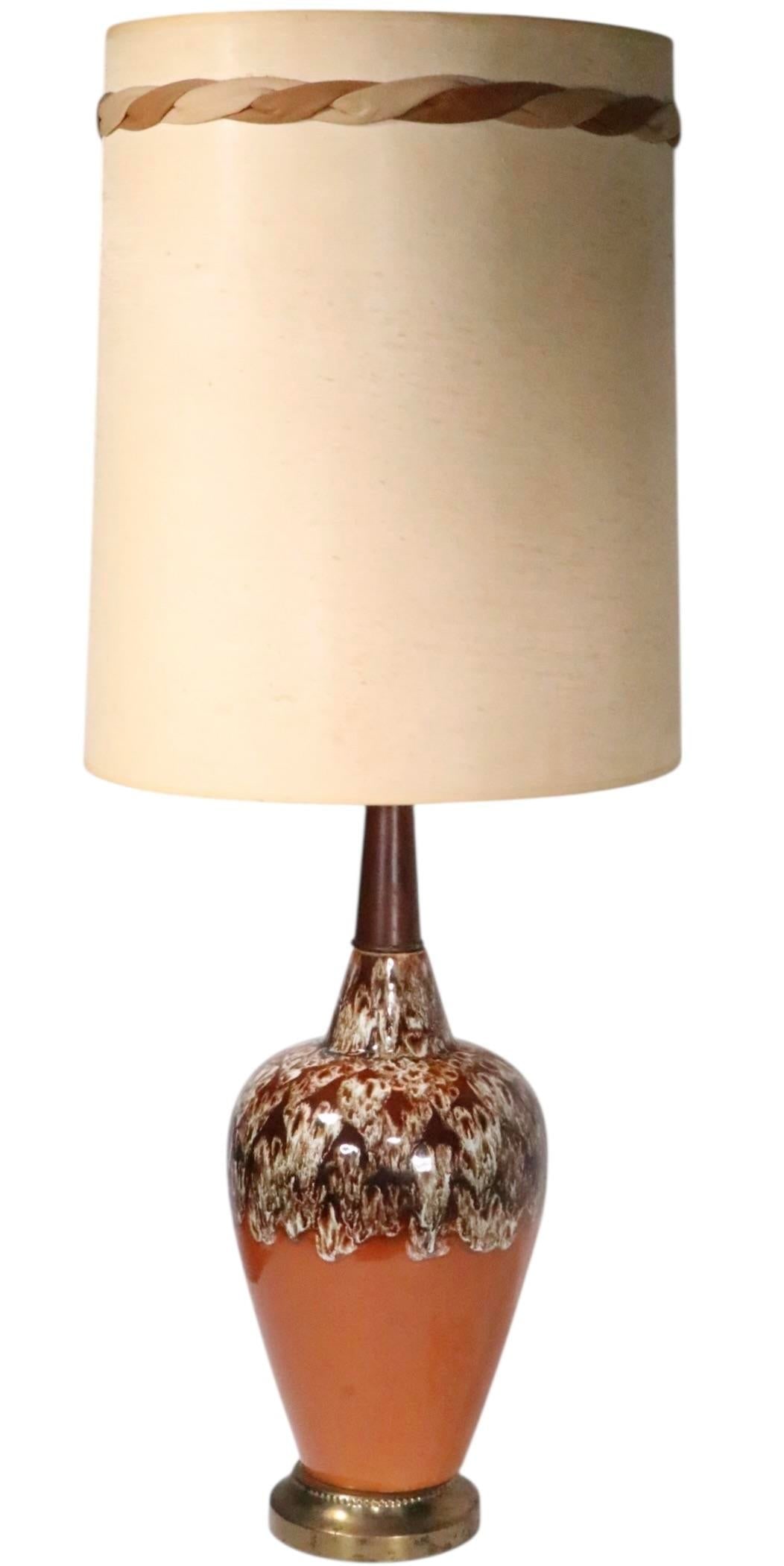Mid 20th Century Mid Century Ceramic Drip Glaze Table Lamp With Original Shade - 5