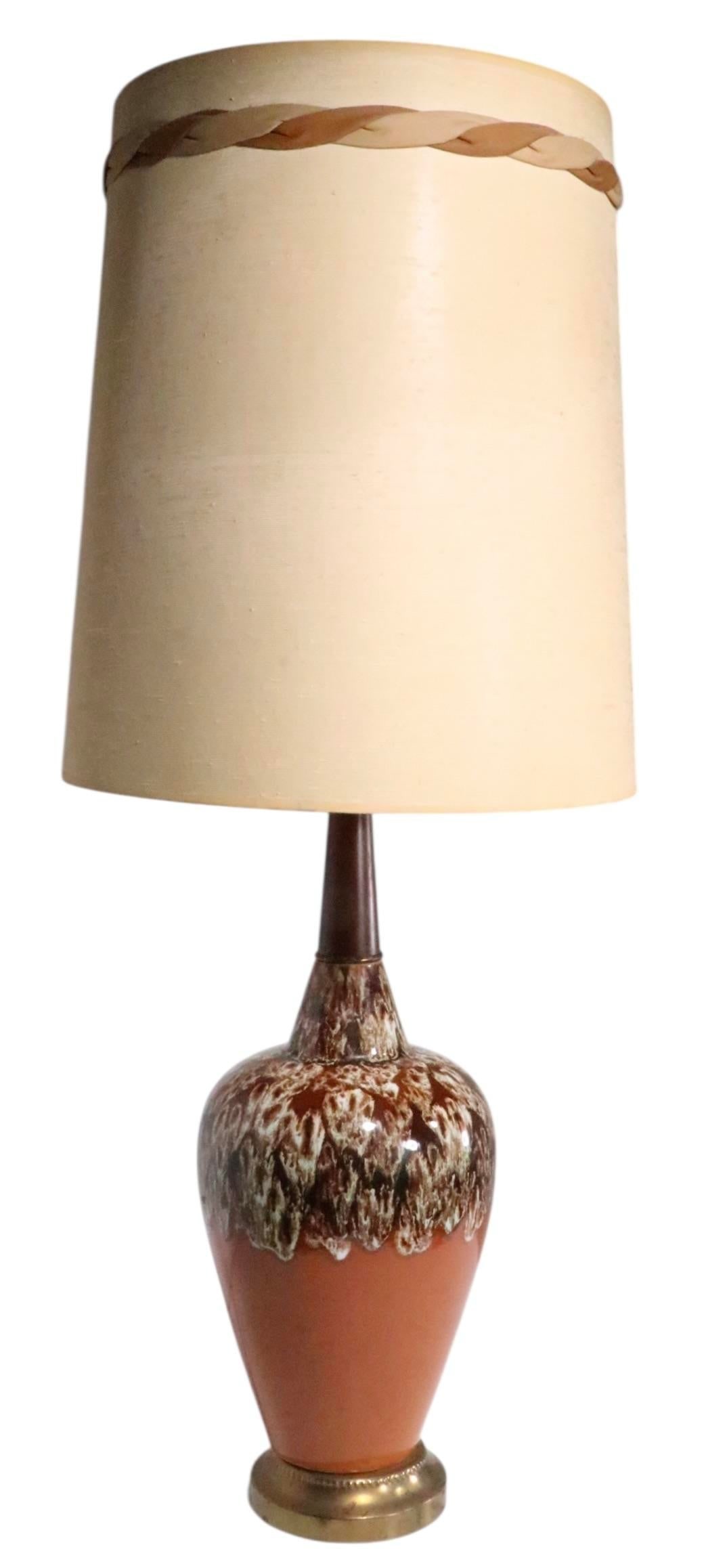 Mid 20th Century Mid Century Ceramic Drip Glaze Table Lamp With Original Shade - 8
