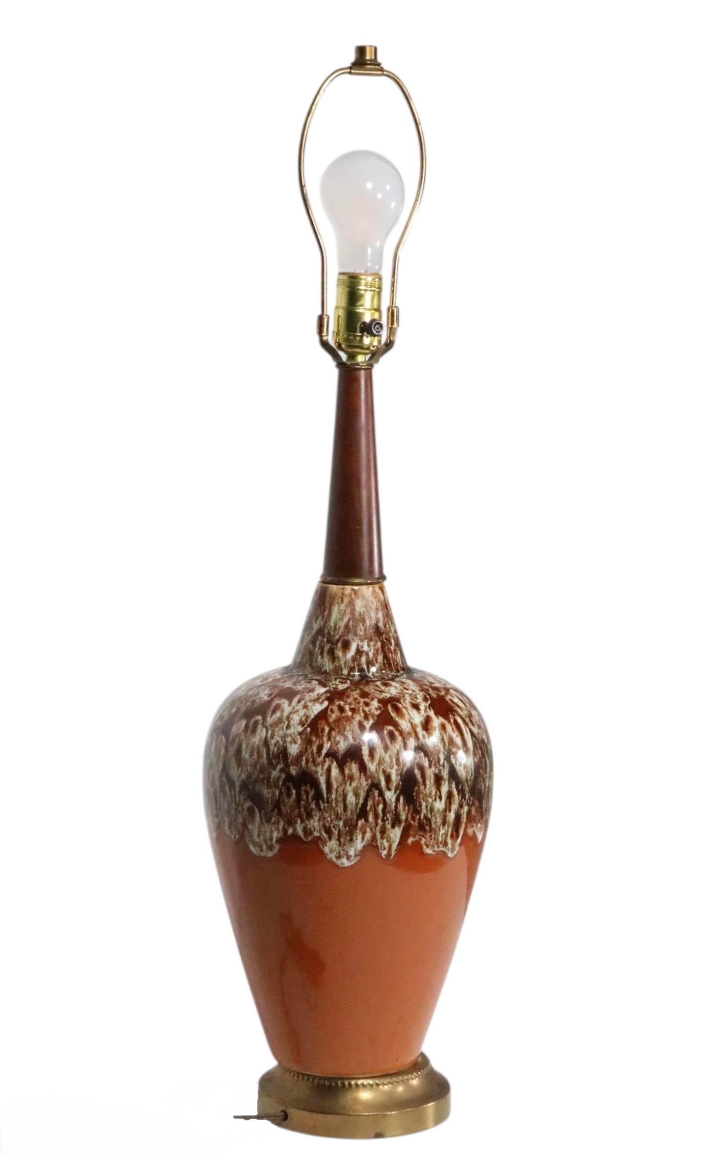 Mid 20th Century Mid Century Ceramic Drip Glaze Table Lamp With Original Shade - 9