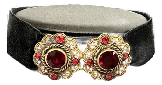 Late 20th Century Gold Tone and Red Rhinestone Velvet Choker