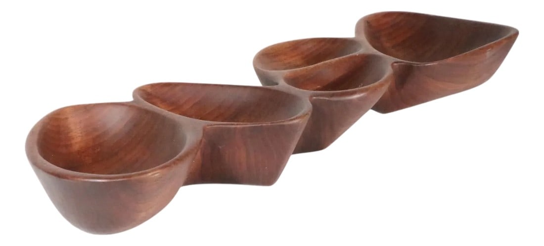 Mid 20th Century Mid Century Organic Modern Hand Carved Wood Snack Serving Bowl: Mid Century Organic Modern hand carved wood serving bowl, snack tray, having five separate sections carved out of one long pice of wood. This sculptural piece is in very fine, clean, original, ready