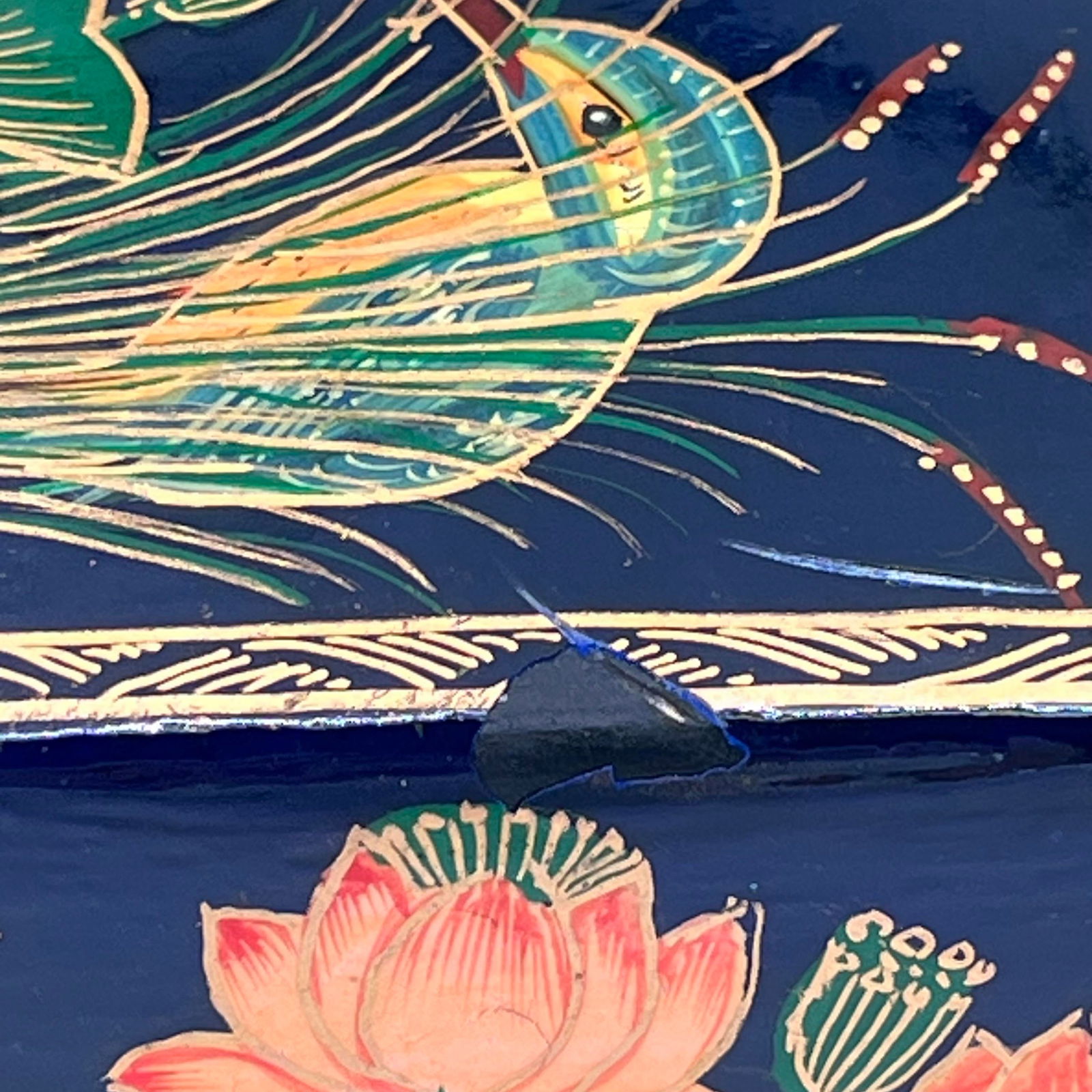 Vintage Chinoiserie Paper Mache Black Lacquer Hand Painted Box With Lid - 11