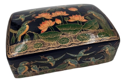 Vintage Chinoiserie Paper Mache Black Lacquer Hand Painted Box With Lid