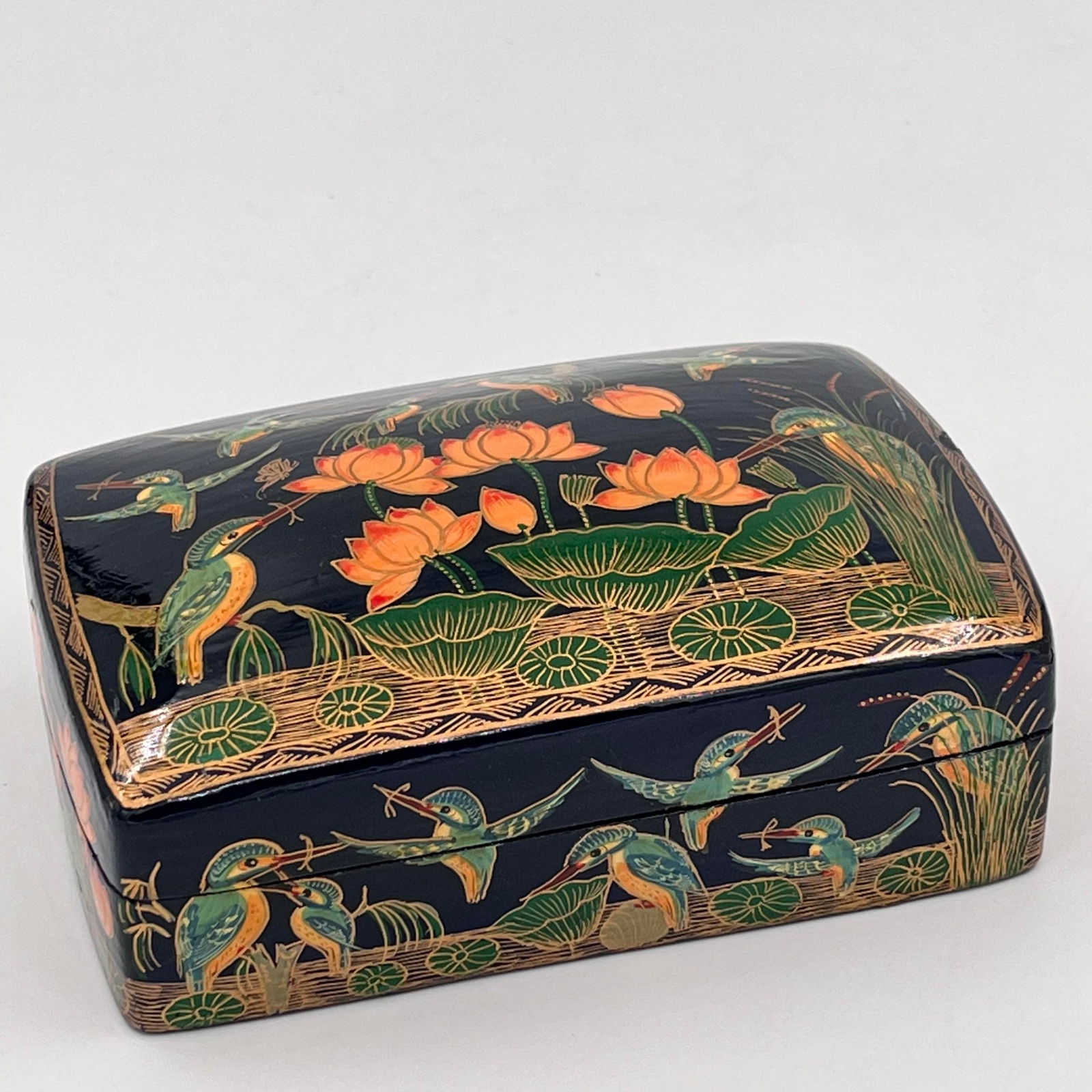 Vintage Chinoiserie Paper Mache Black Lacquer Hand Painted Box With Lid - 5
