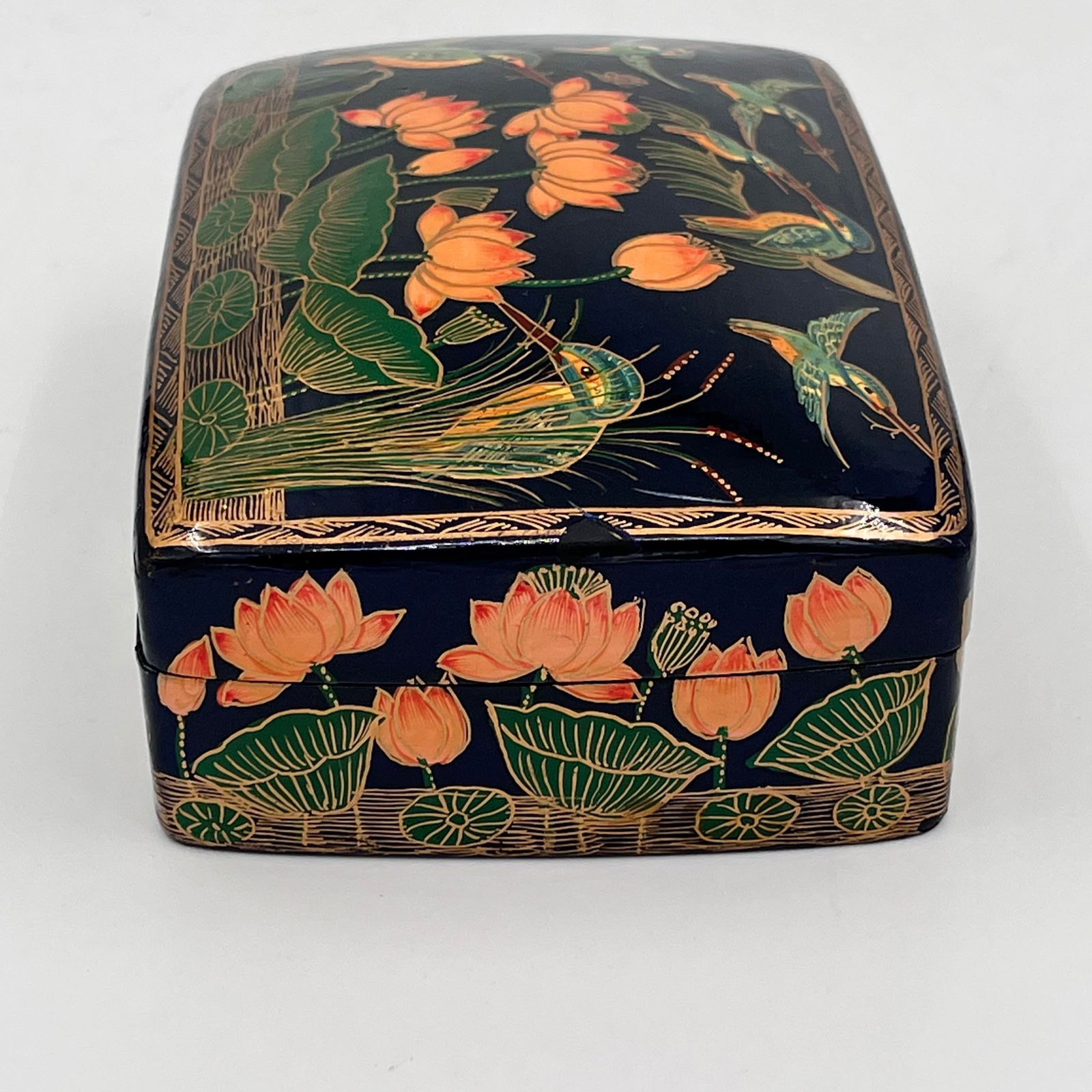Vintage Chinoiserie Paper Mache Black Lacquer Hand Painted Box With Lid - 6