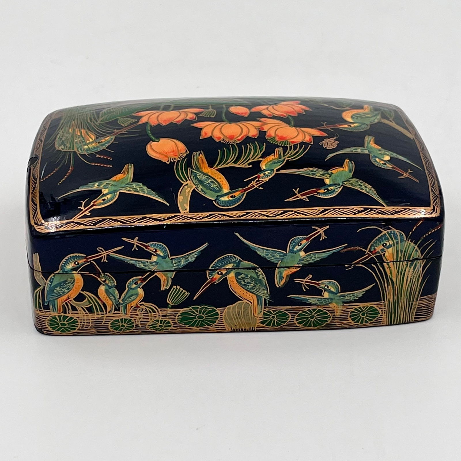 Vintage Chinoiserie Paper Mache Black Lacquer Hand Painted Box With Lid - 7