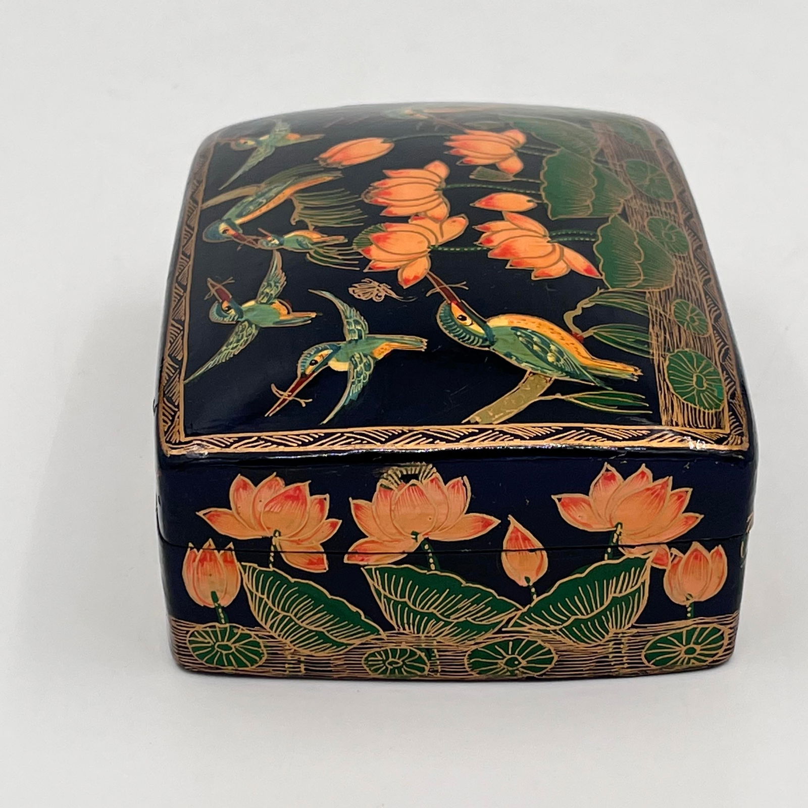 Vintage Chinoiserie Paper Mache Black Lacquer Hand Painted Box With Lid - 8
