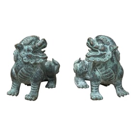 Pair Chinese Rustic Oxidized Patina Fengshui FoDog Metal Figure