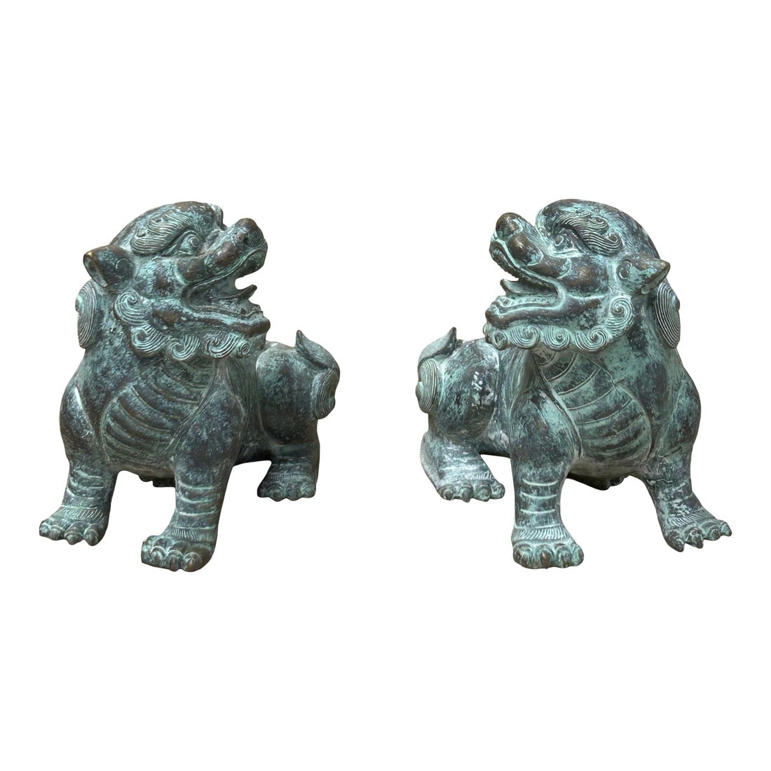 Pair Chinese Rustic Oxidized Patina Fengshui FoDog Metal Figure: In the dim half-light of an ancient temple hall, a pair of Ming dynasty bronze guardian lions crouch eternally on either side of a forgotten altar, their verdigris-crusted bodies glowing with the soft