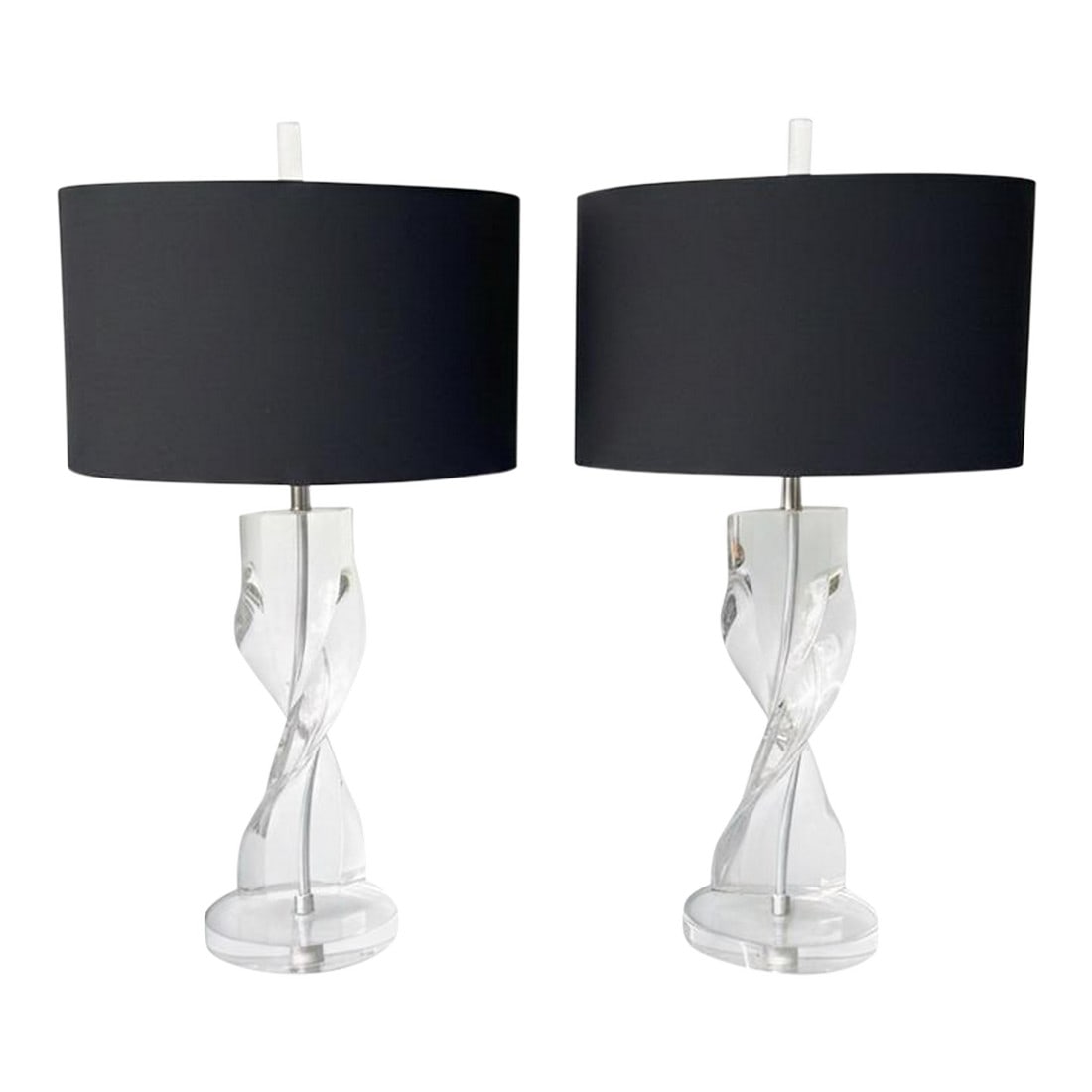 Vintage 1970s Hollywood Regency Lucite Helix Table Lamps, Attributed to Herbert Ritts for Astrolite: There is a specific kind of magic found in the "Invisible Glamour" of the 1970s"”an era where light and transparency became the ultimate luxury. We are proud to present The Helix Duet, a pair