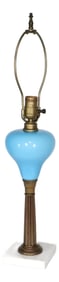 Early 20th Century Electrified Oil Lamp With French Blue Opaline Glass Font