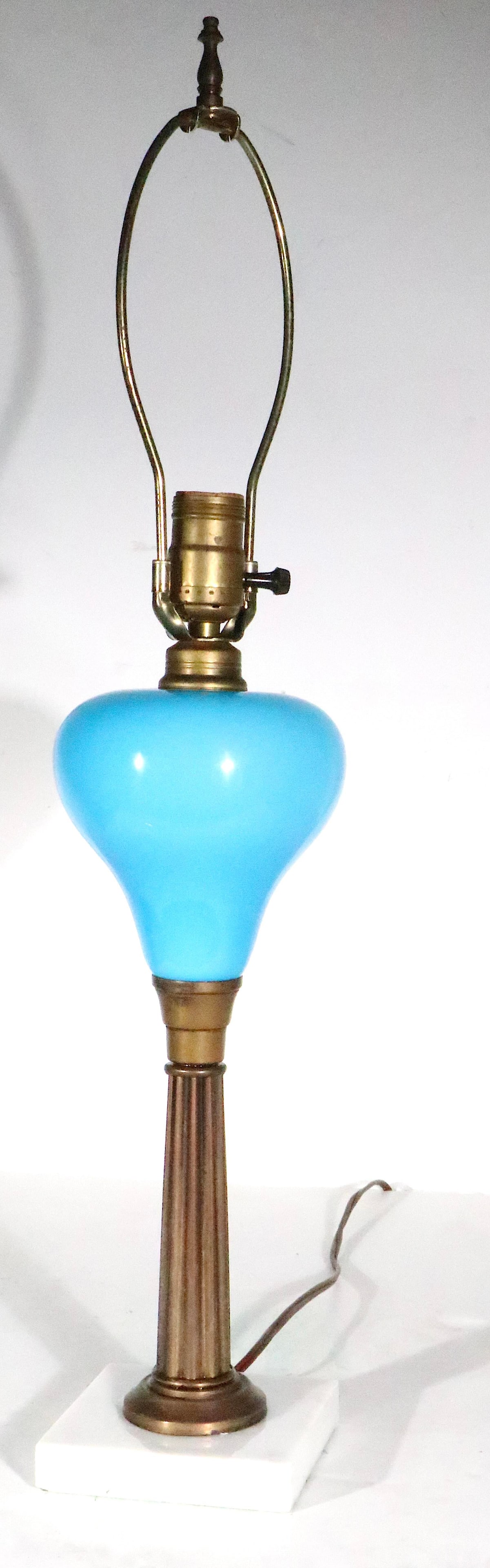 Early 20th Century Electrified Oil Lamp With French Blue Opaline Glass Font - 6