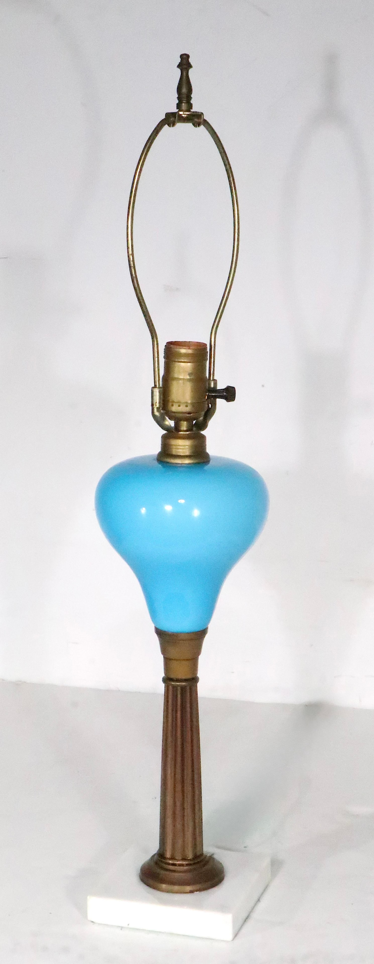 Early 20th Century Electrified Oil Lamp With French Blue Opaline Glass Font - 7
