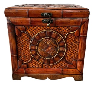 Late 20th Century Handcrafted Bamboo and Woven Rattan Storage Box, Side Table, Nightstand