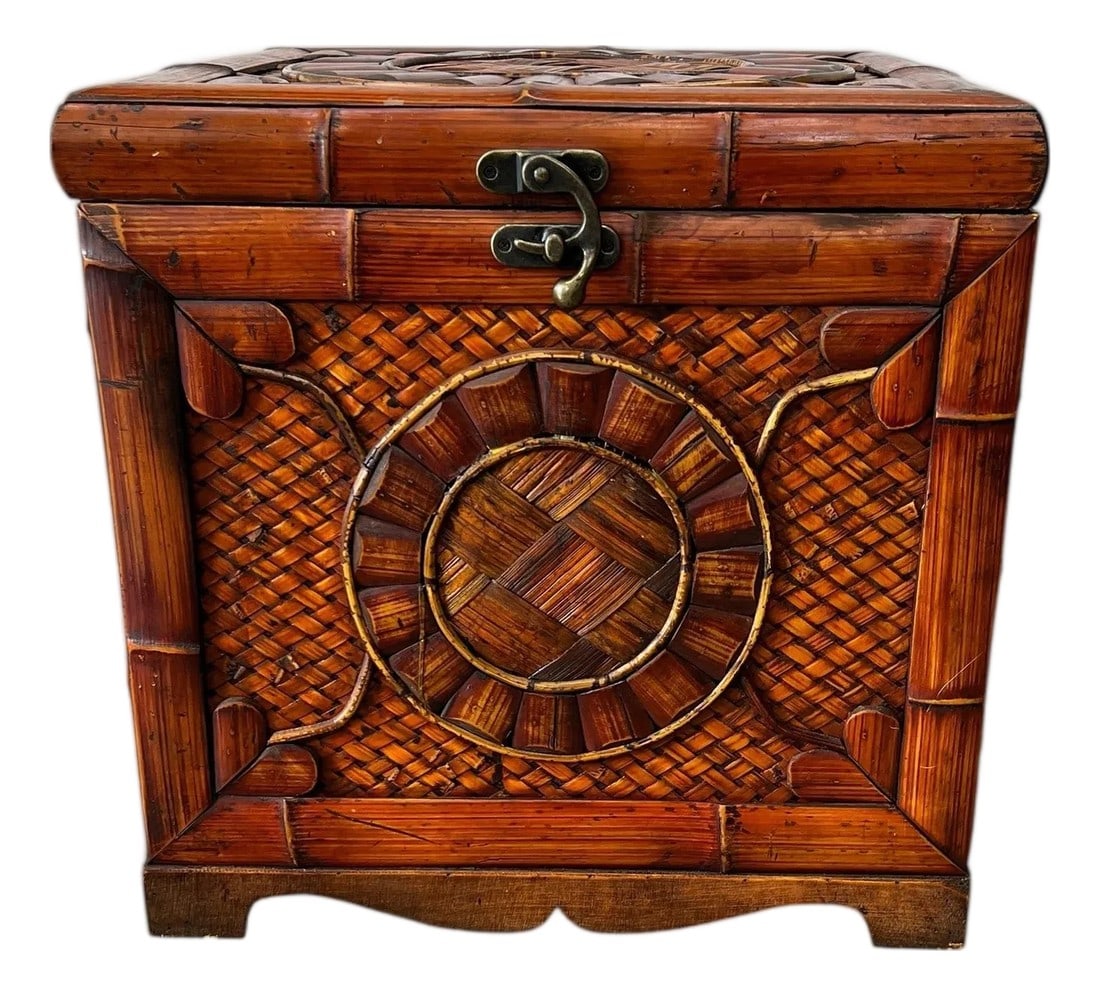 Late 20th Century Handcrafted Bamboo and Woven Rattan Storage Box, Side Table, Nightstand: Vintage handcrafted bamboo and woven rattan storage box, nightstand, side table. The intricate pattern makes this piece a stand out in any room. Measures 20" w x 19.5" d x 19.75" h. Inside 17.5" squar