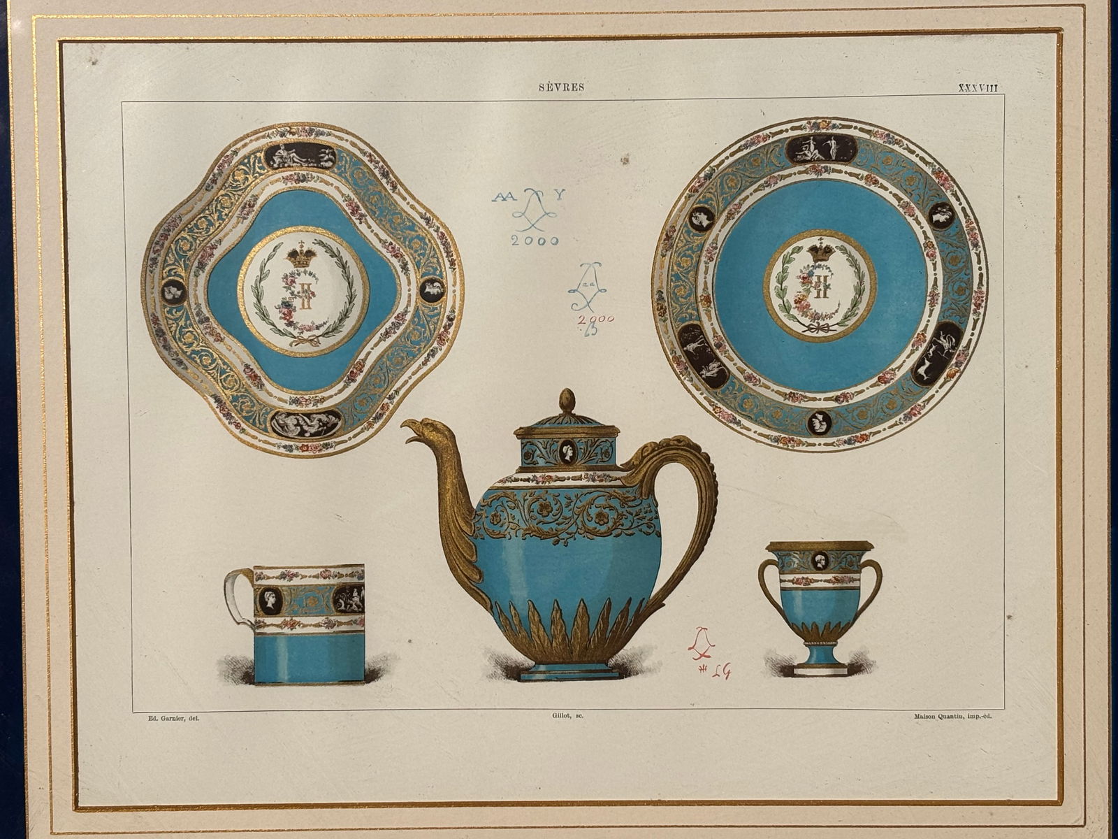 Original 19th C. French Print - Sevres Porcelains - Exceptional Color and Detail - 2
