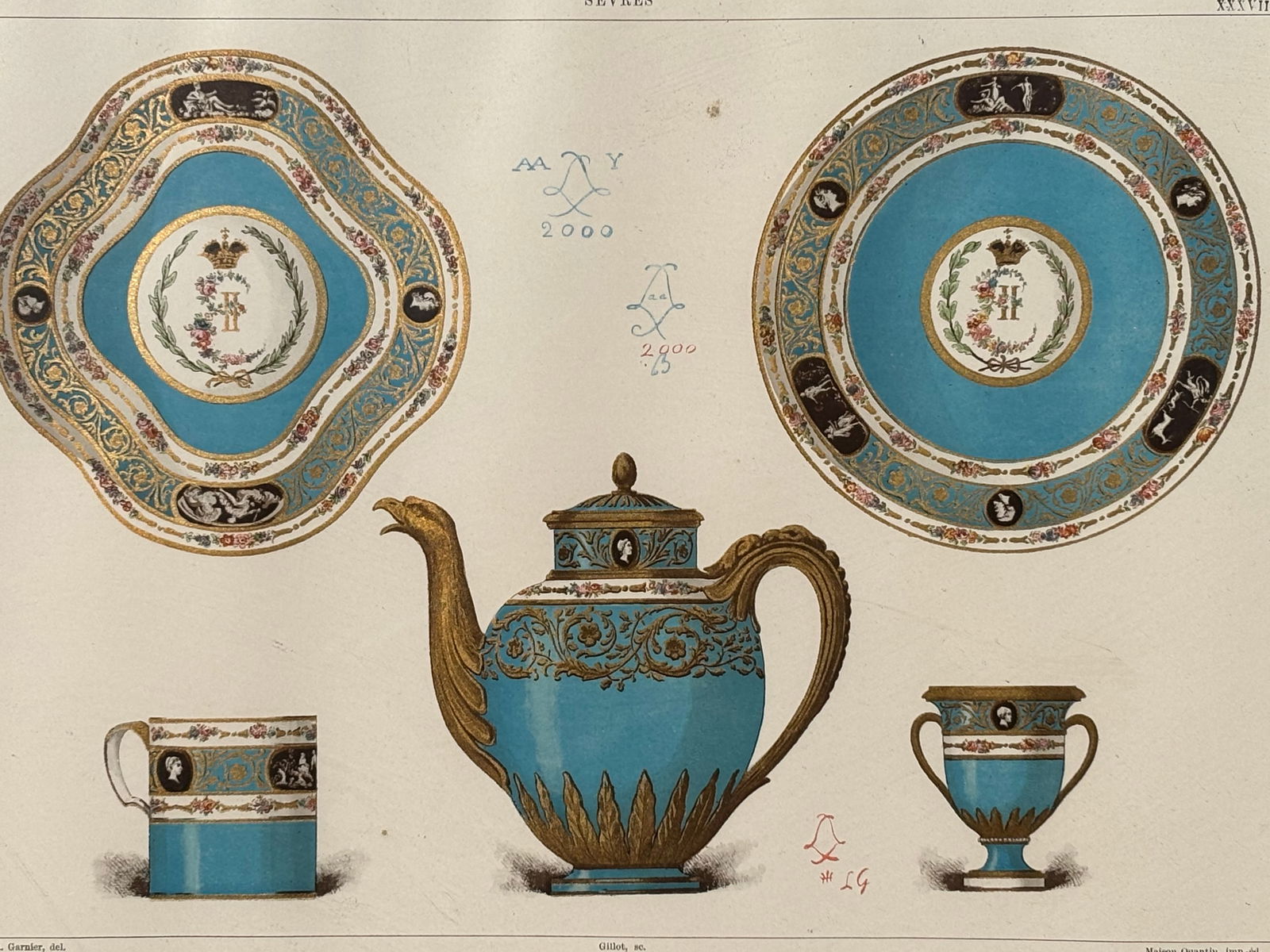 Original 19th C. French Print - Sevres Porcelains - Exceptional Color and Detail - 3