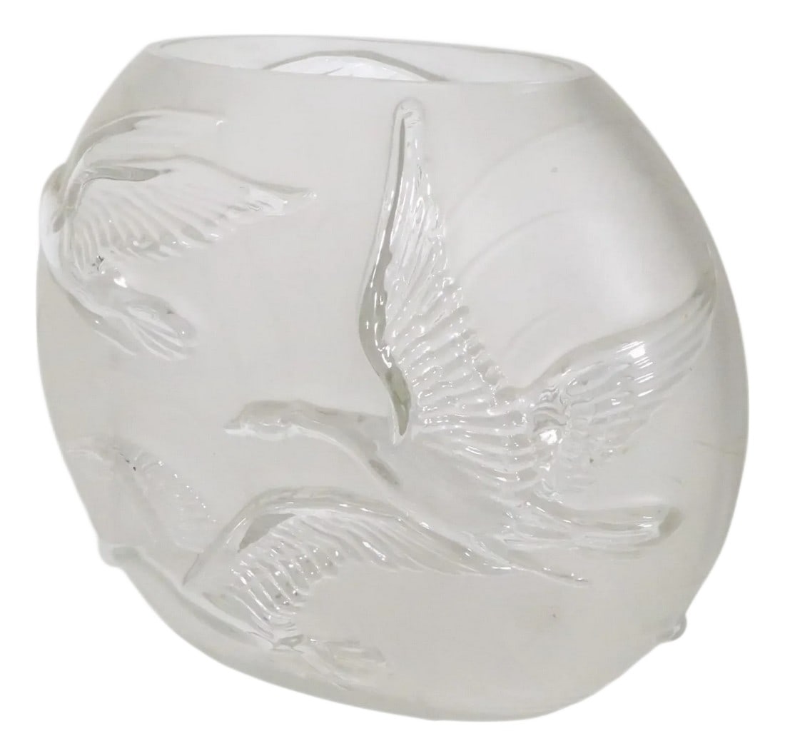 Mid 20th Century Art Deco Flying Geese Pattern Glass Vase: Art Deco glass pillow vase in the Flying Geese pattern vase, made by Phoenix Glass, circa 1930/50's. The vase is in very good, original, clean and ready to use condition, showing only minor cosmetic