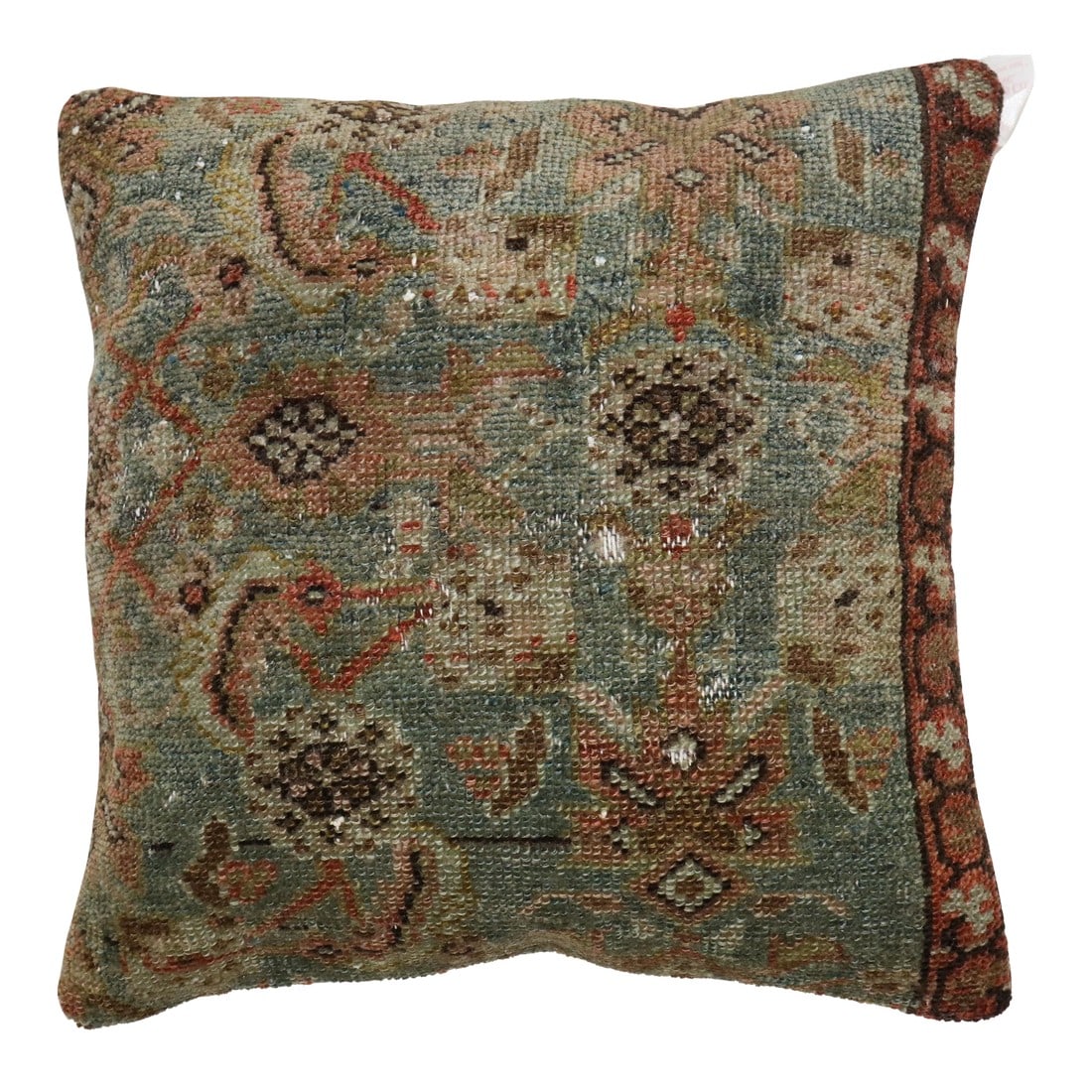 Antique Zabihi Collection Persian Rug Pillow: Pillow made from a sea foam-colored 20th-century Persian rug. Measures: 16" x 16". Condition: Alterations: Original Condition Unaltered Imperfections: Some Imperfections Condition Notes: Fair Wear con