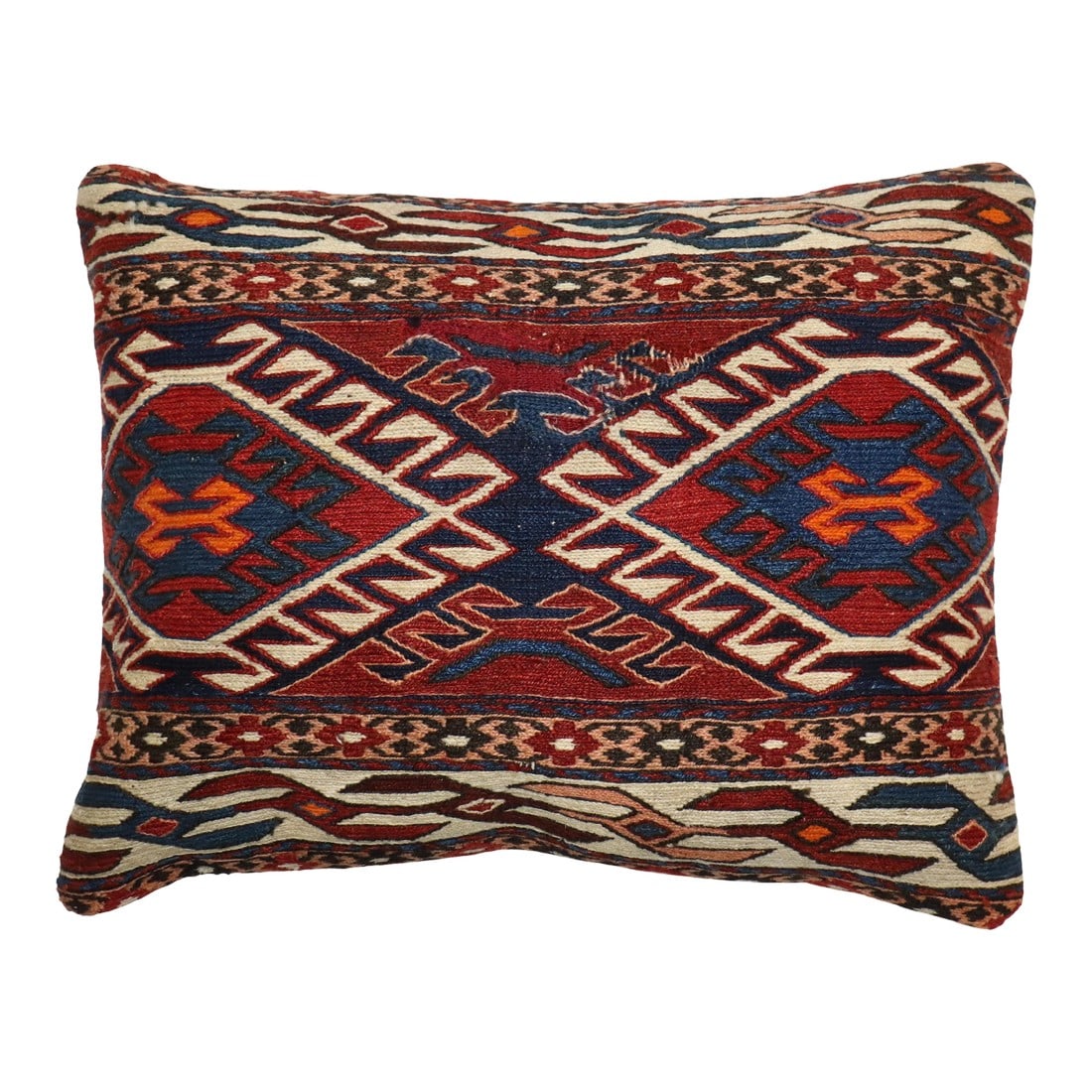 Zabihi Collection Soumac Pillow: Pillow made from a flat-weave Persian Soumac rug . 1'3'' x 1'7'' Condition: Alterations: Original Condition Unaltered Imperfections: Some Imperfections Condition Notes: Good Wear consistent with age a