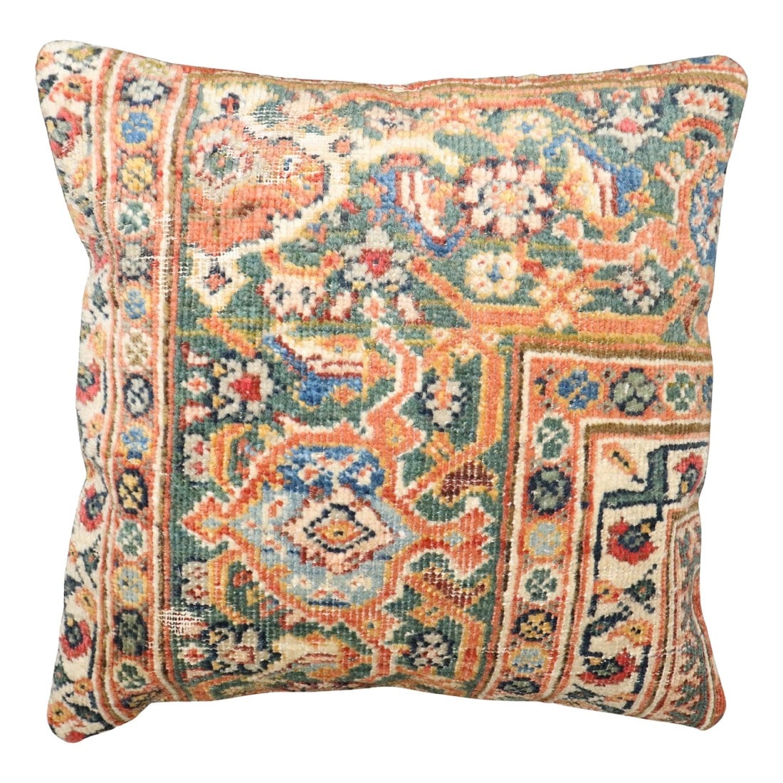 Antique Zabihi Collection Persian Mahal Border Rug Pillow: This pillow was made from an antique Persian Mahal rug with red cotton backing. Measures: 18'' x 18''. Condition: Alterations: Original Condition Unaltered Imperfections: Some Imperfections