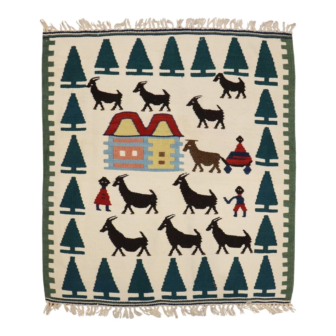 Zabihi Collection Pictorial Turkish Kilim: a late 20th-century mini square Turkish kilim Details rug no. j3830 size 2' 5" x 2' 6" (74 x 76 cm) Condition: Alterations: Original Condition Unaltered Imperfections: Some