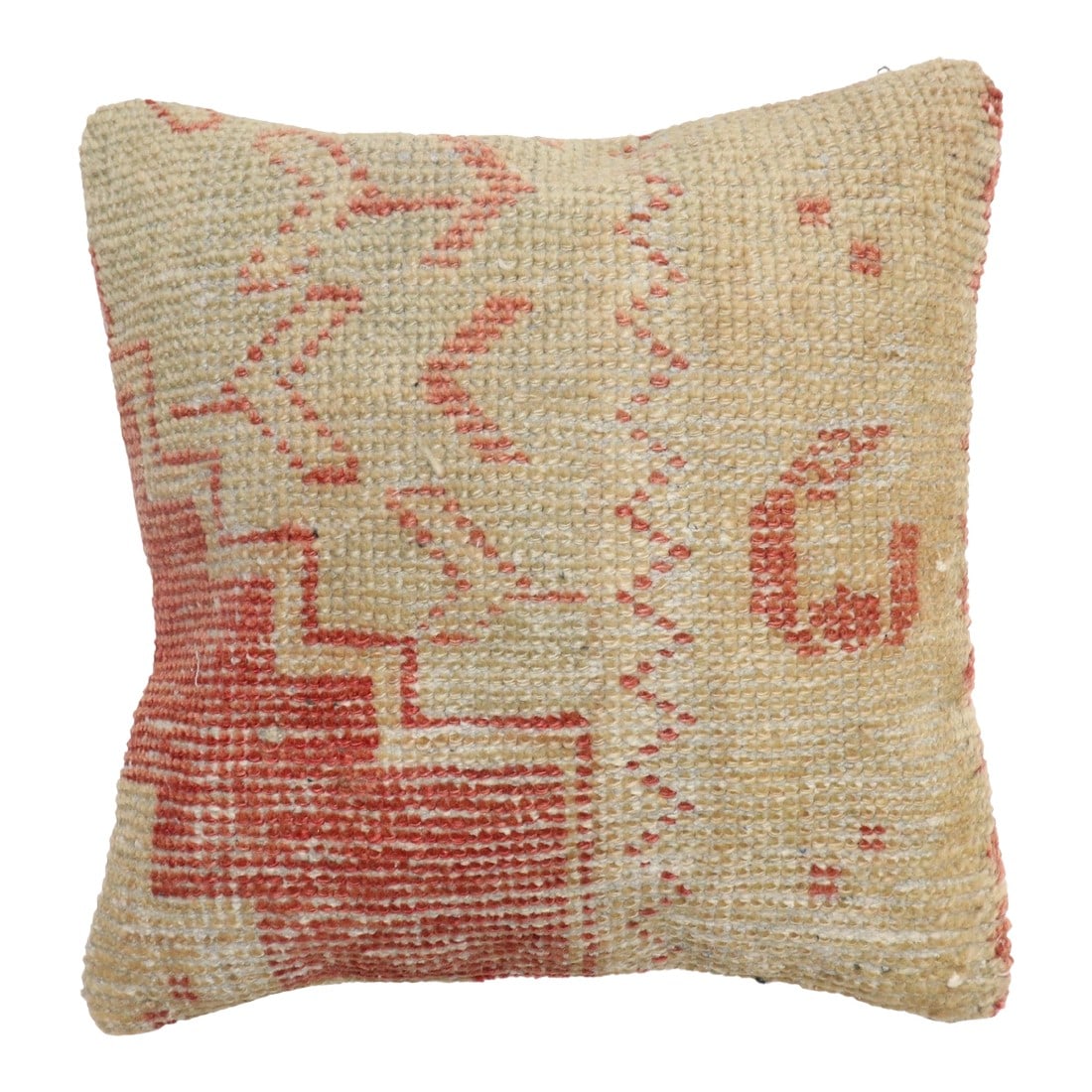 Zabihi Collection Turkish Rug Pillow: Pillow made from a vintage Turkish Oushak rug. Measures: 17'' x 17''. Condition: Alterations: Original Condition Unaltered Imperfections: Some Imperfections Condition Notes: Good Wear consistent
