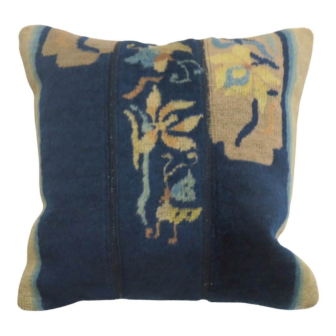 Zabihi Collection Navy Chinese Rug Pillow: Pillow made from a 20th-century Chinese rug with a zipper closure and polyfill. Measures: 16'' x 17''. Condition: Alterations: Original Condition Unaltered Imperfections: Some Imperfections Condition