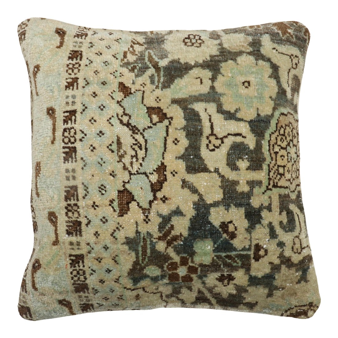 Antique Zabihi Collection Persian Bidjar Rug Pillow: Medium size pillow made from a Persian Bidjar rug. zipper closure and poly-fill insert provided. Measures: 17'' x 18''. Condition: Alterations: Original Condition Unaltered Imperfections: Some