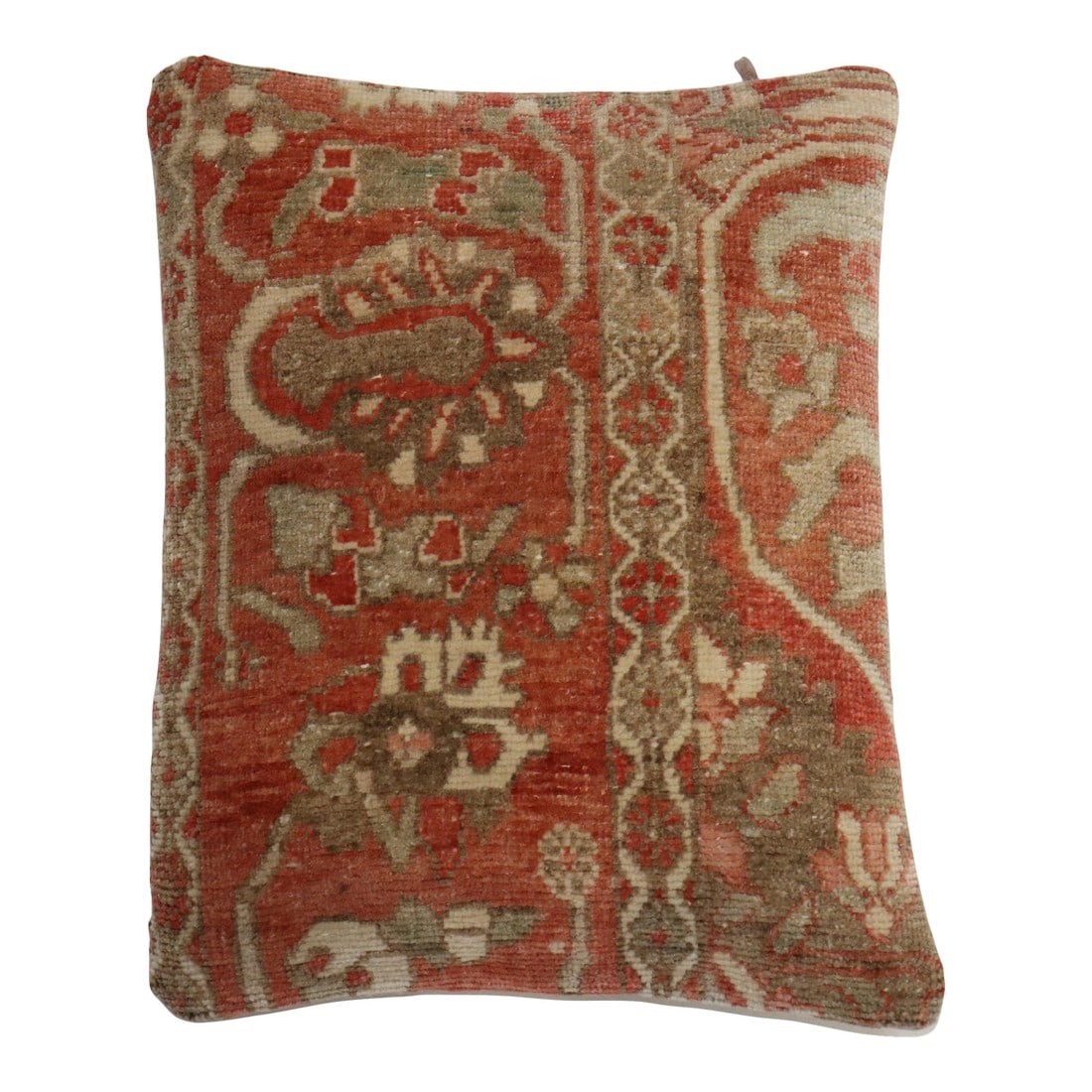 Zabihi Collection Antique Terracotta Persian Rug Pillow: Pillow made from an antique persian rug with poly fill and zipper closure provided. Measures: 16'' x 20''. Condition: Alterations: Original Condition Unaltered Imperfections: Some Imperfections Condit