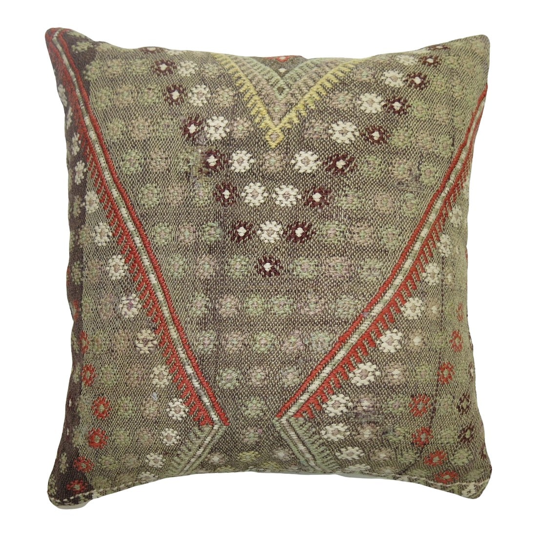 Grey Turkish Jajim Pillow: Pillow made from a Turkish flat-weave rug. Measures: 16'' x 16''. Condition: Alterations: Original Condition Unaltered Imperfections: Some Imperfections Condition Notes: Good Wear consistent with age