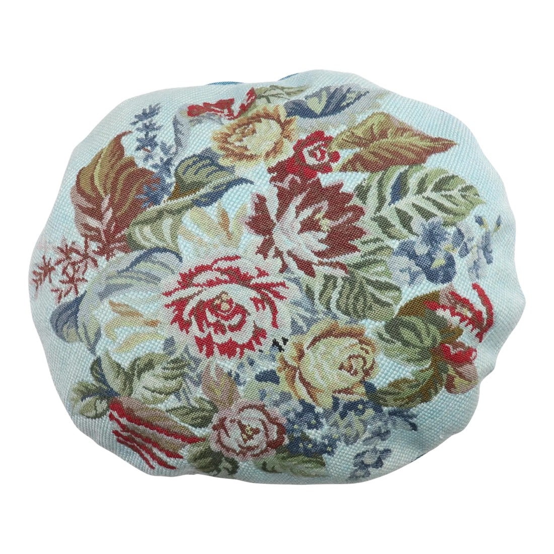 20th Century Floral Blue Over-Dyed Portuguese Needlepoint Pillow: Round pillow made from a 20th century French needlepoint with blue cotton back and zipper closure. Measures: 12" x 14". Condition: Alterations: Original Condition Unaltered Imperfections: Some