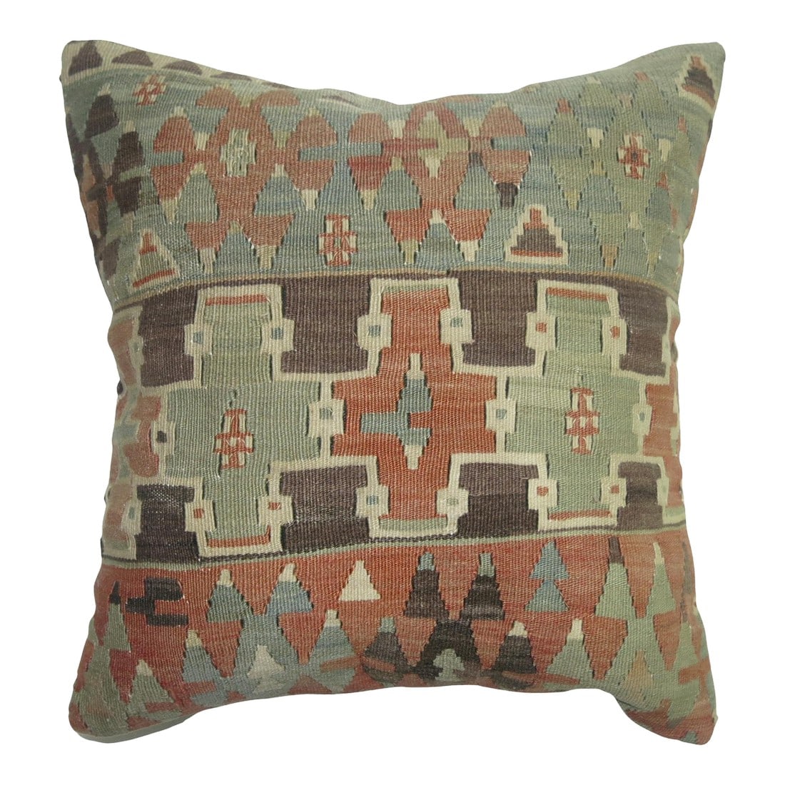 Geometric Turkish Kilim Pillow: Pillow made from an early 20th century Turkish Kilim. Polyfill insert provided with a zipper closure. Measures: 18'' x 18''. Condition: Alterations: Original Condition Unaltered Imperfections: