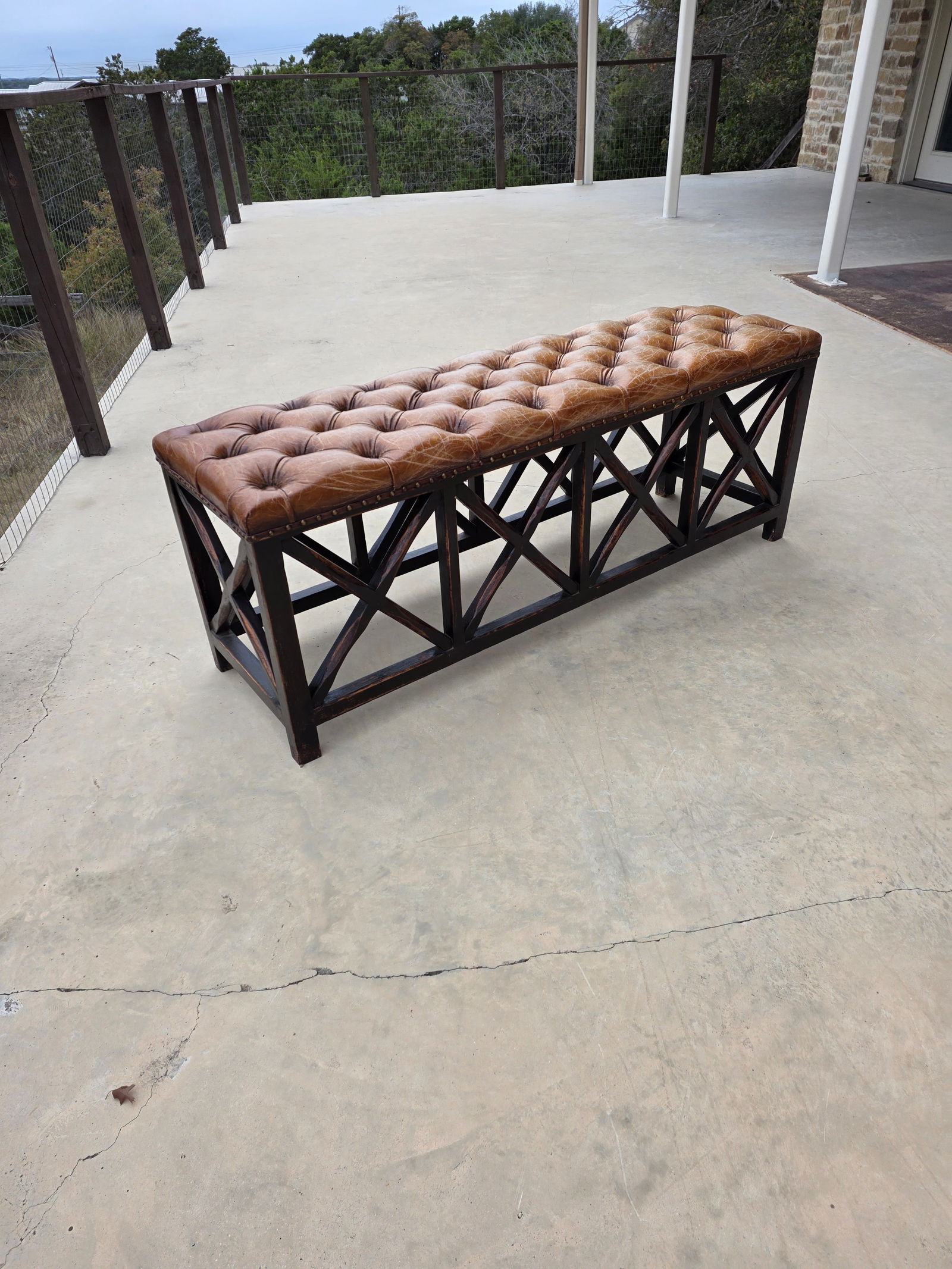 Tufted Worn Leather Long Bench With Rustic Dark Wood Base - 10